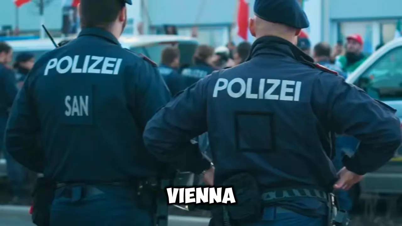 police officers standing in a damaged urban area at night