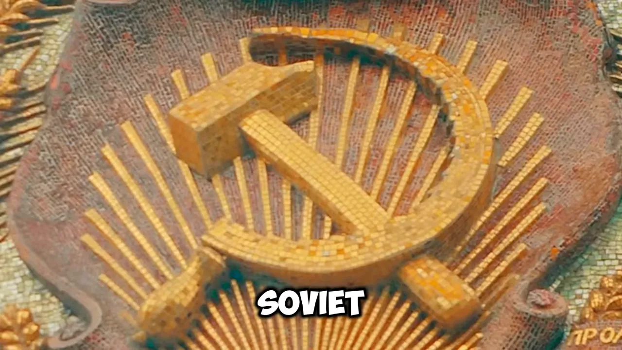 hammer and sickle emblem carved on a weathered surface