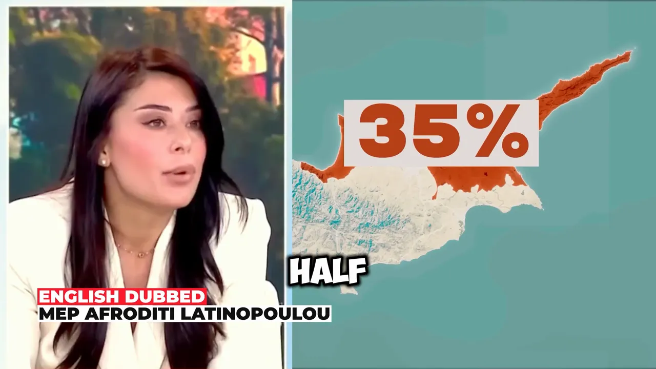 Split-screen interview shot at left and a map of Cyprus with a large '35%' graphic at right