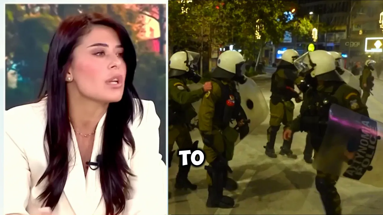 Riot police in full gear and shields assembled on an urban street at night.