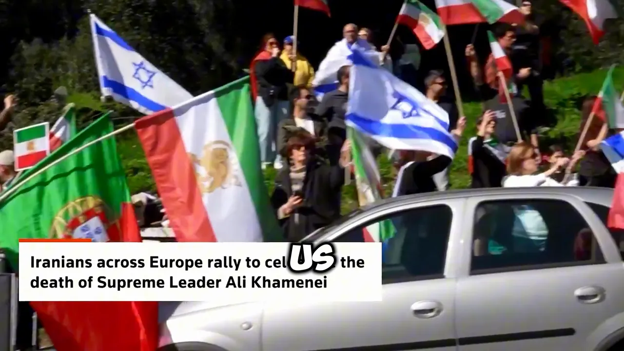 Street demonstration with multiple national flags, a crowd of protesters and a news caption about Iranians rallying across Europe.