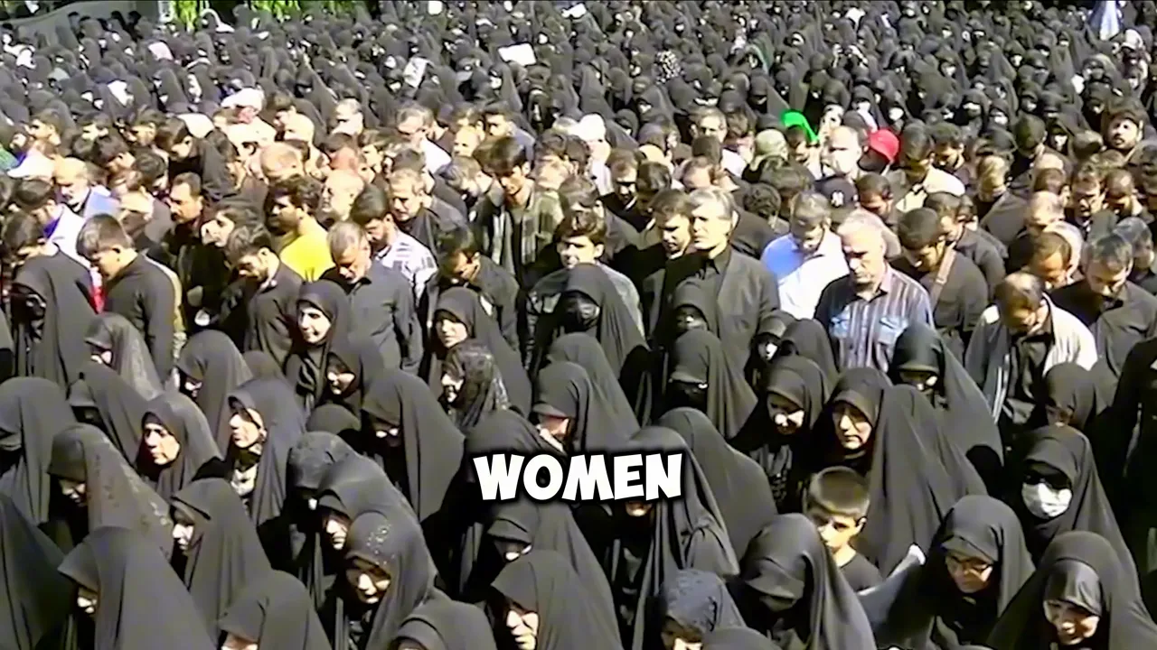 Large crowd of people, many women wearing black head coverings, gathered closely together labeled 'WOMEN'.