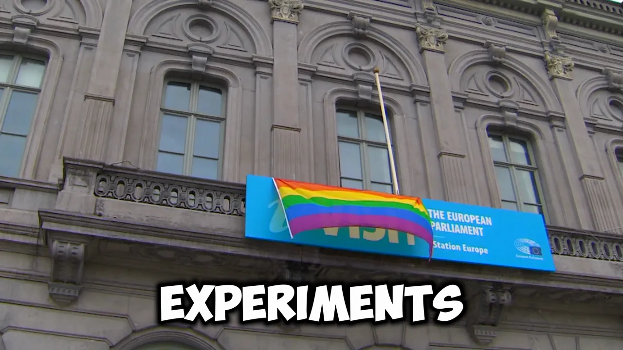 exterior of the European Parliament building with a rainbow flag draped over a sign reading 'The European Parliament', overlay text 'EXPERIMENTS'