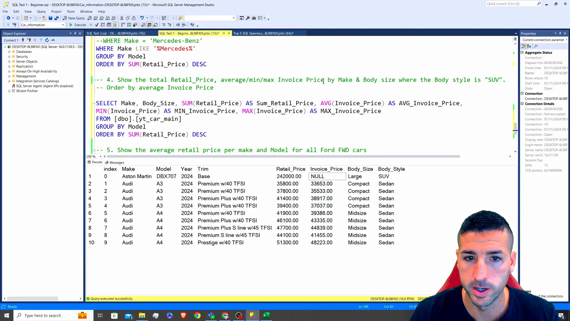 Query result showing aggregated data for SUVs