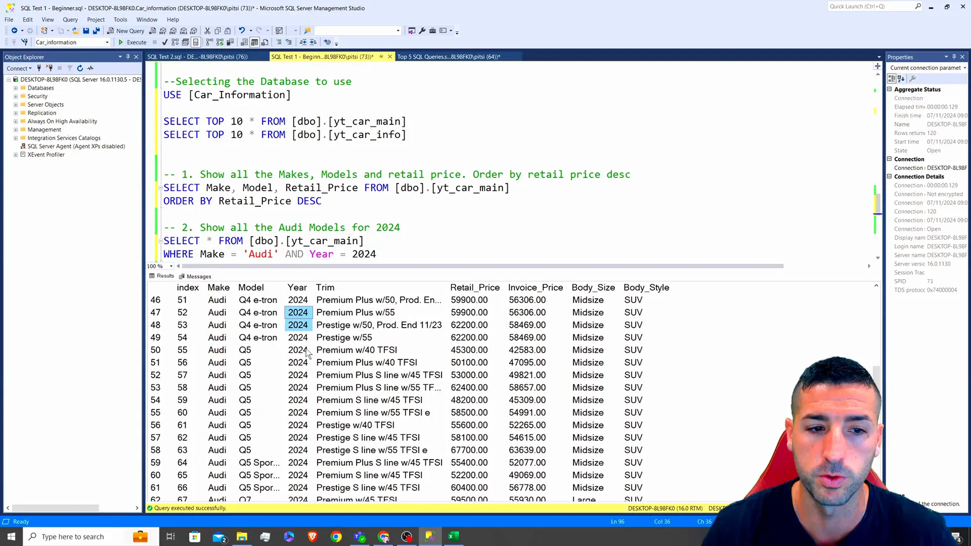 Query result showing Audi models for 2024