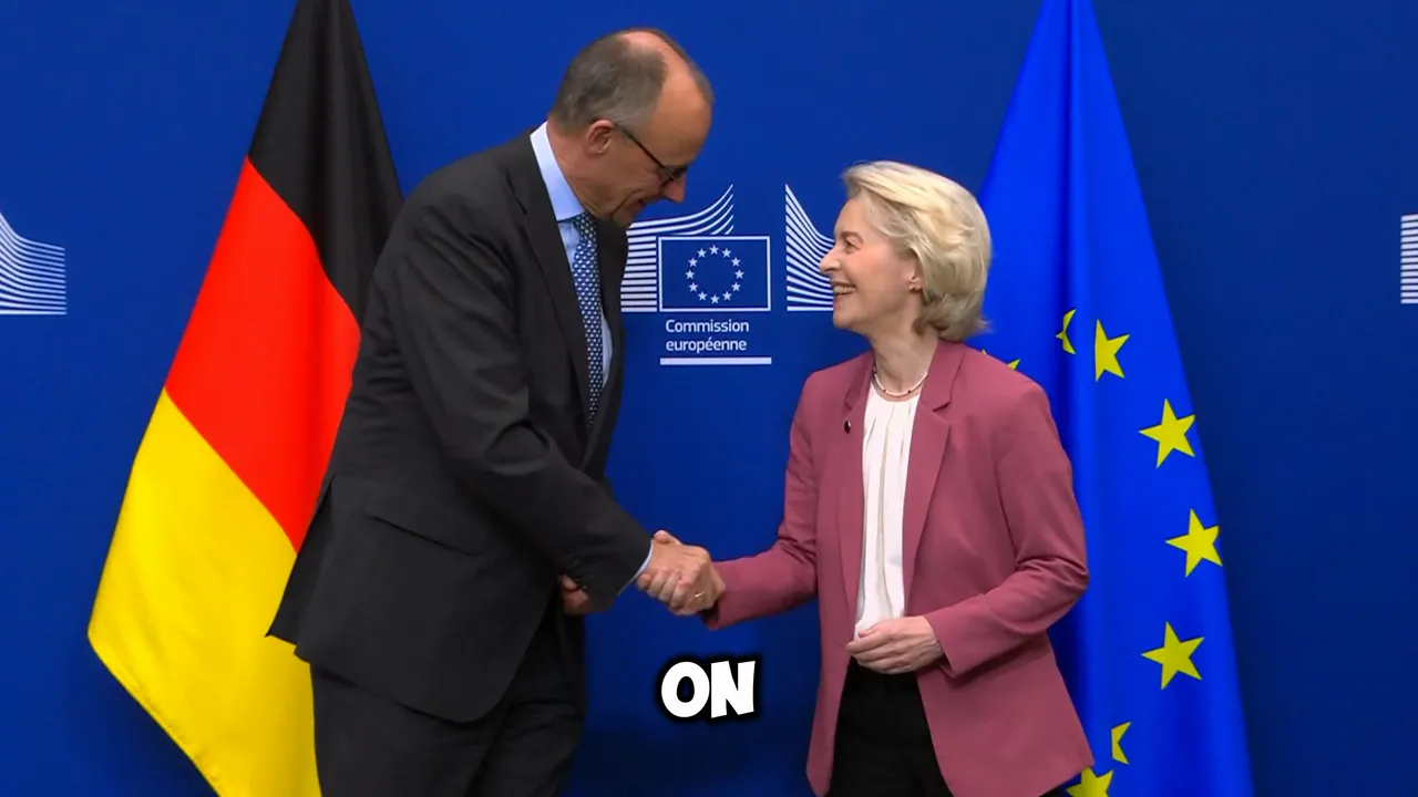 Two officials shaking hands in front of European Union and German flags with a European Commission logo behind them