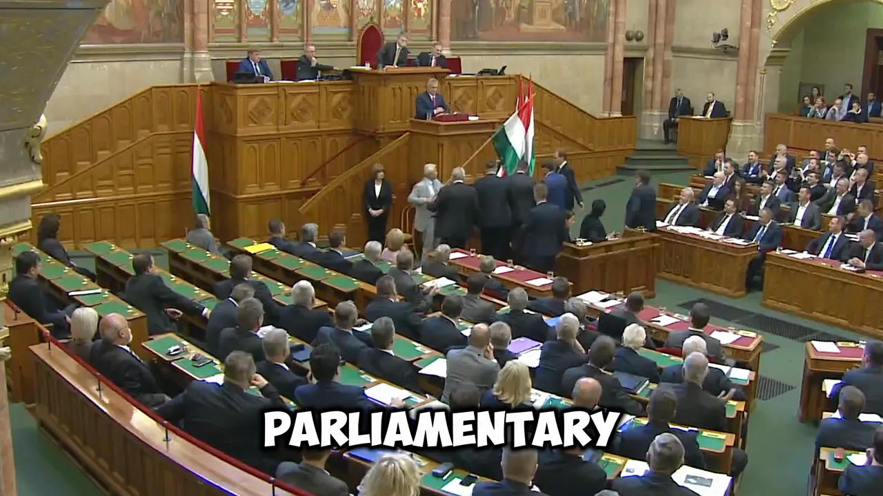 Wide view of a parliamentary chamber with delegates and national flags