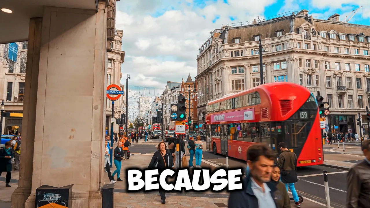Central London street with red double-decker bus, Underground sign and pedestrians