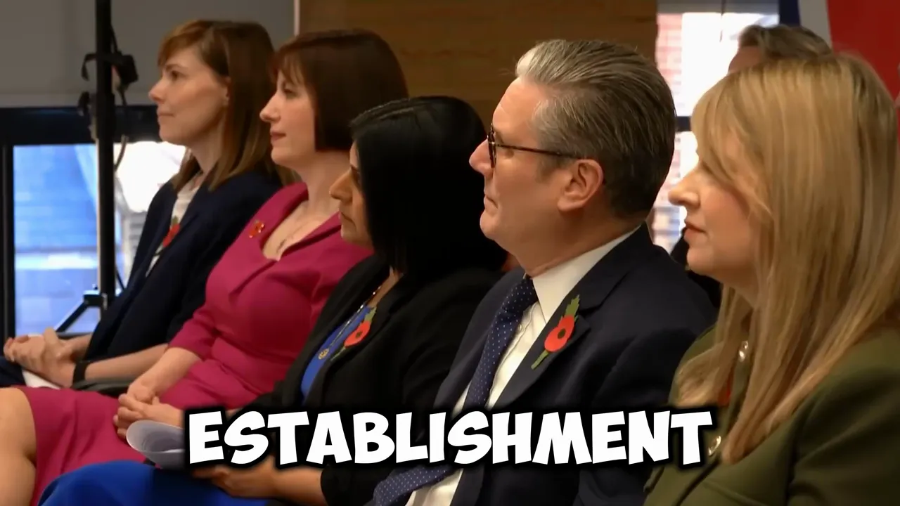 Seated officials in suits and dresses with a bold 'ESTABLISHMENT' overlay