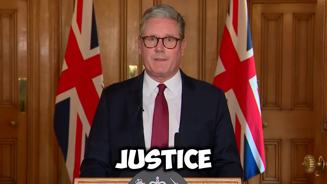 politician speaking at a podium flanked by Union flags with 'JUSTICE' text overlay