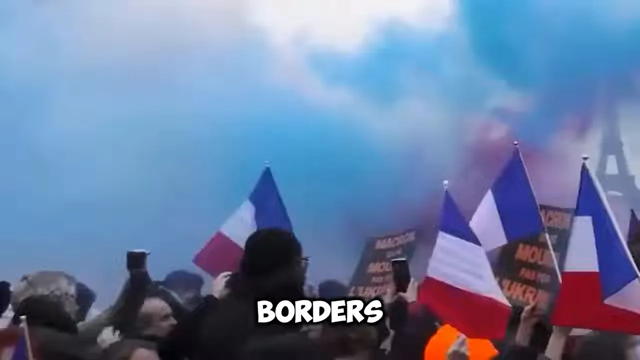 People in a protest crowd holding European flags with text overlay “BORDERS”.