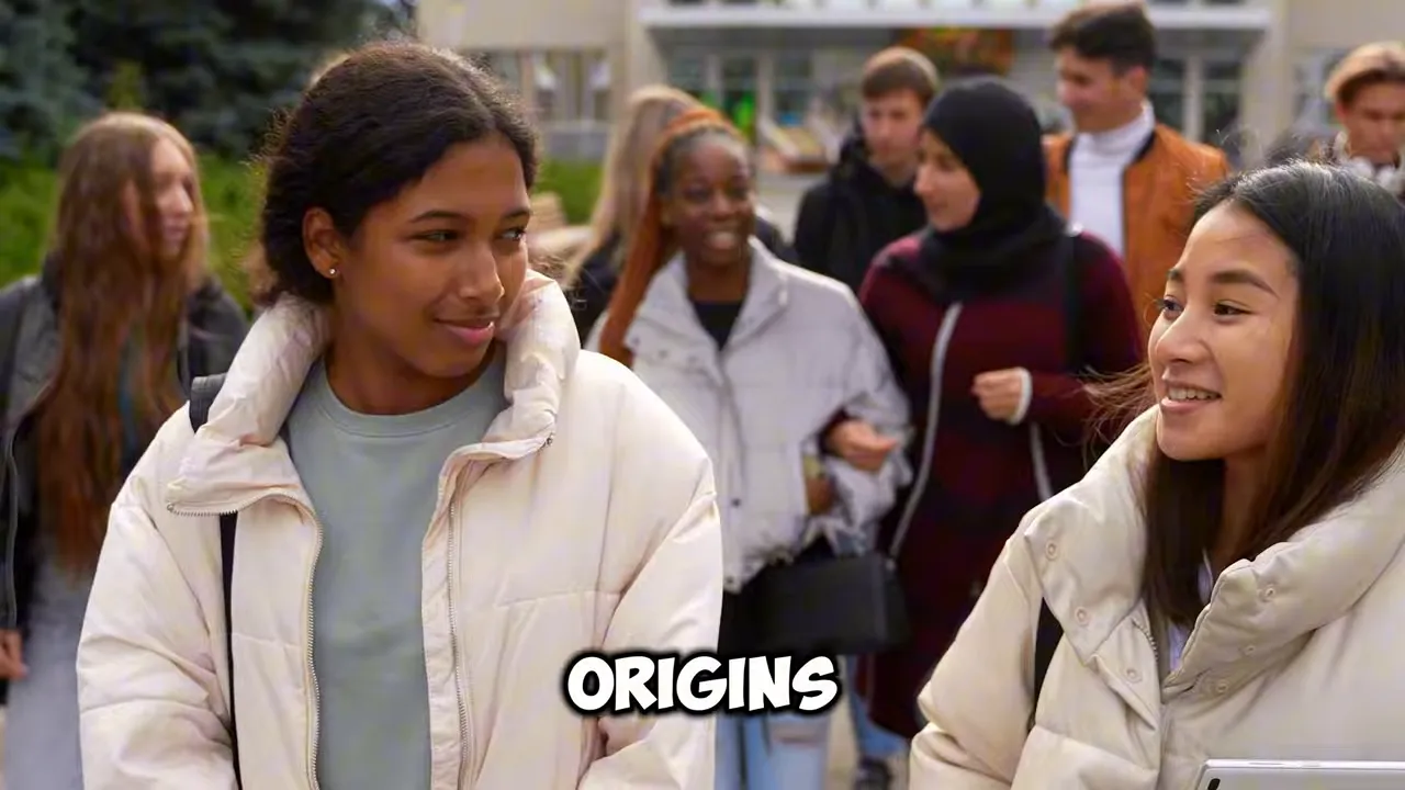Two teenagers talking outdoors with the word “ORIGINS” overlaid