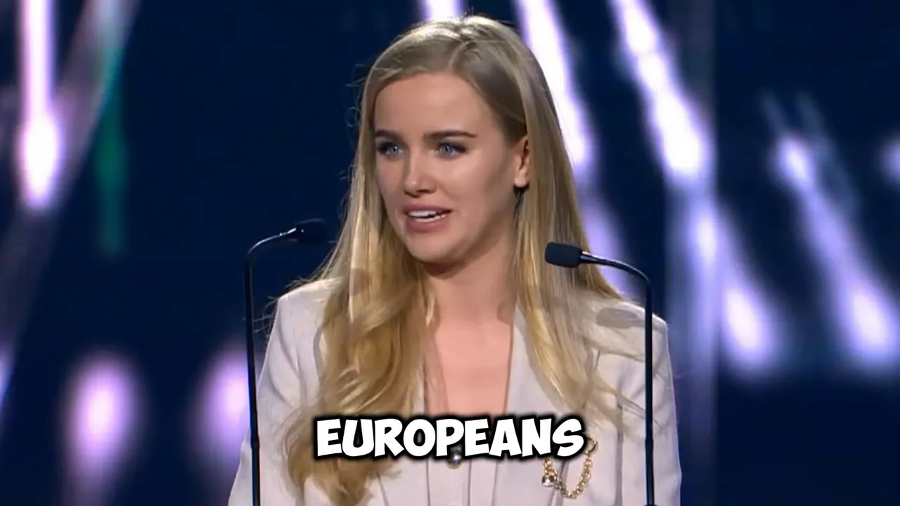 Eva Vlaardingerbroek speaking at a conference podium with the on-screen word “EUROPEANS”