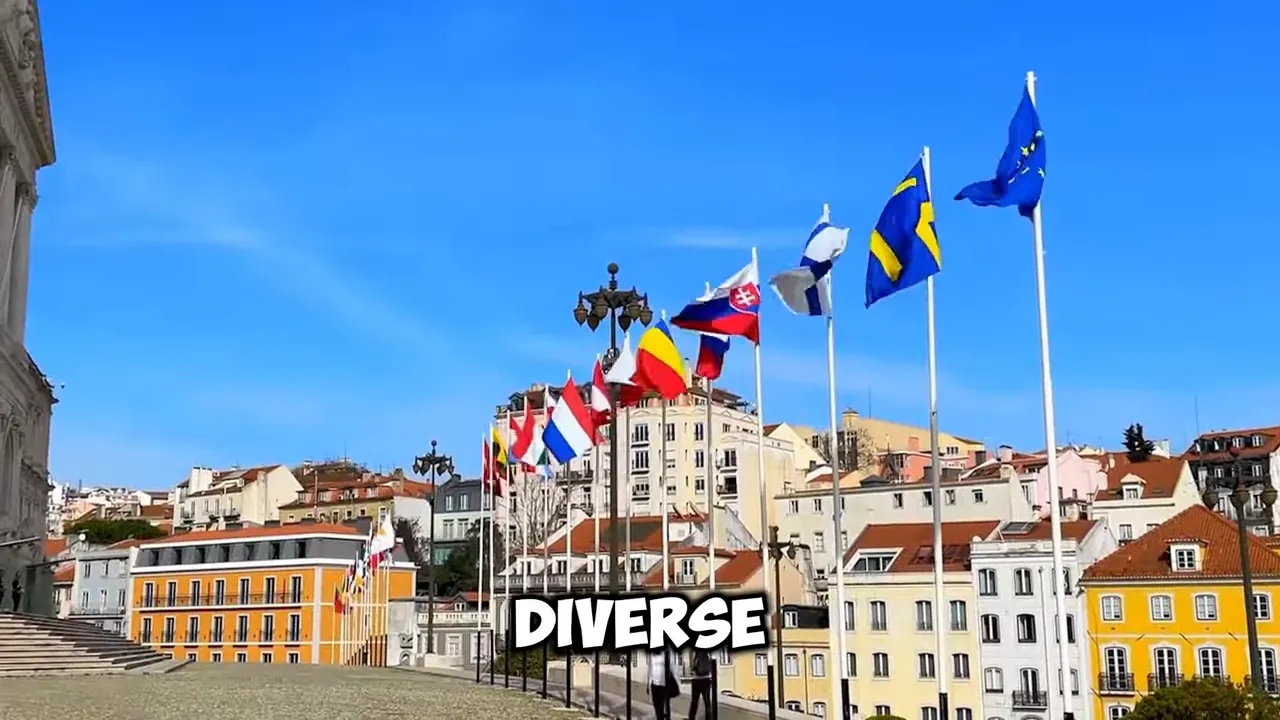 European national flags flying in an urban square under a clear blue sky