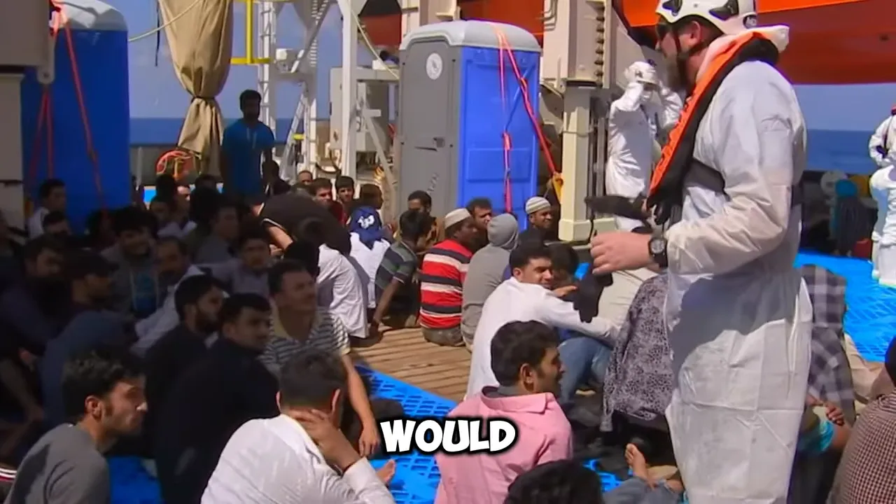 People gathered near a vehicle at an outdoor entrance while a person in protective clothing gestures amid a crowd