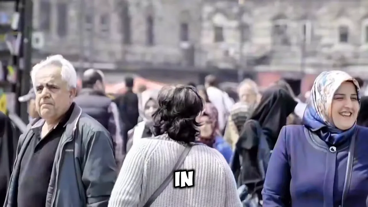 Women in headscarves walking in a city square with pedestrians nearby