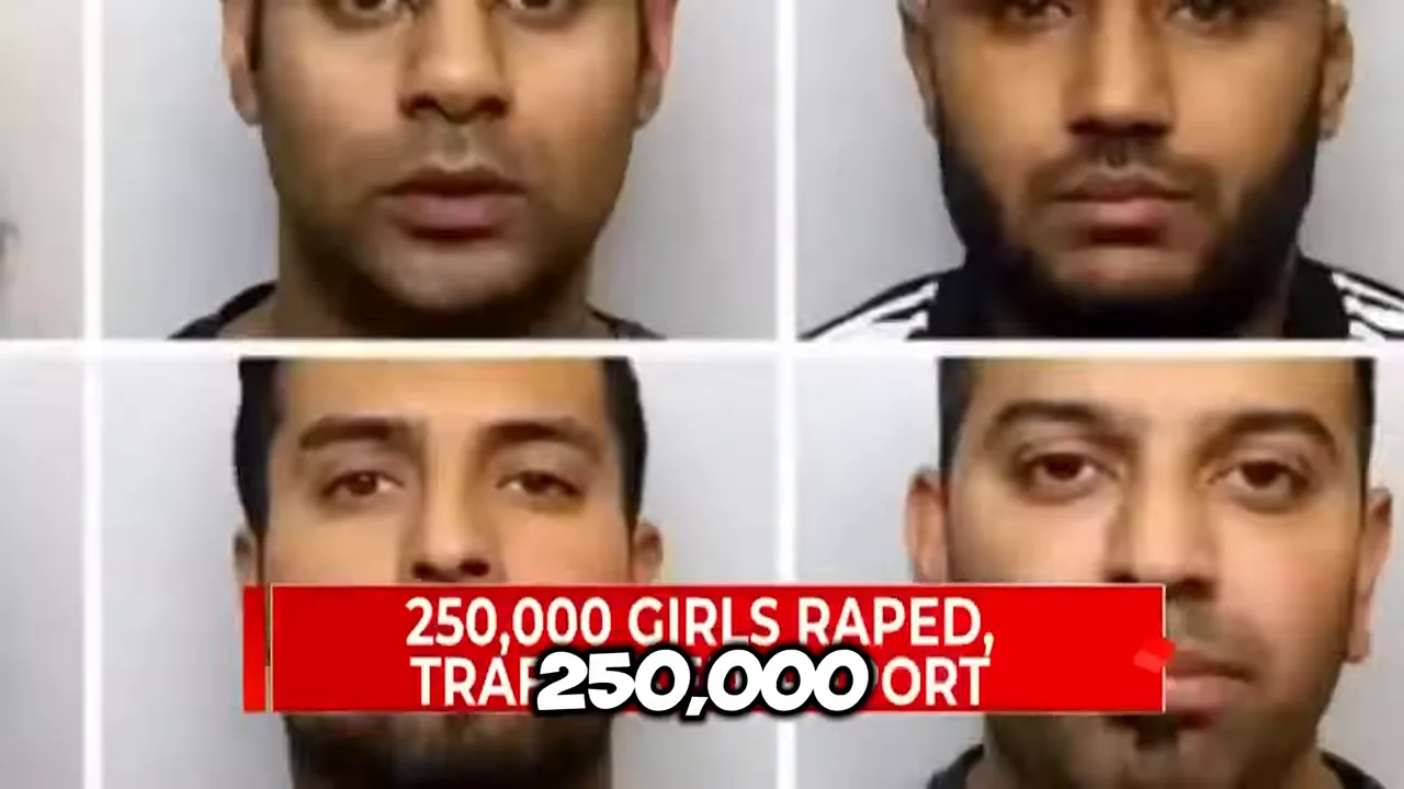 Grid of male mugshots with red banner text about girls raped and trafficking report