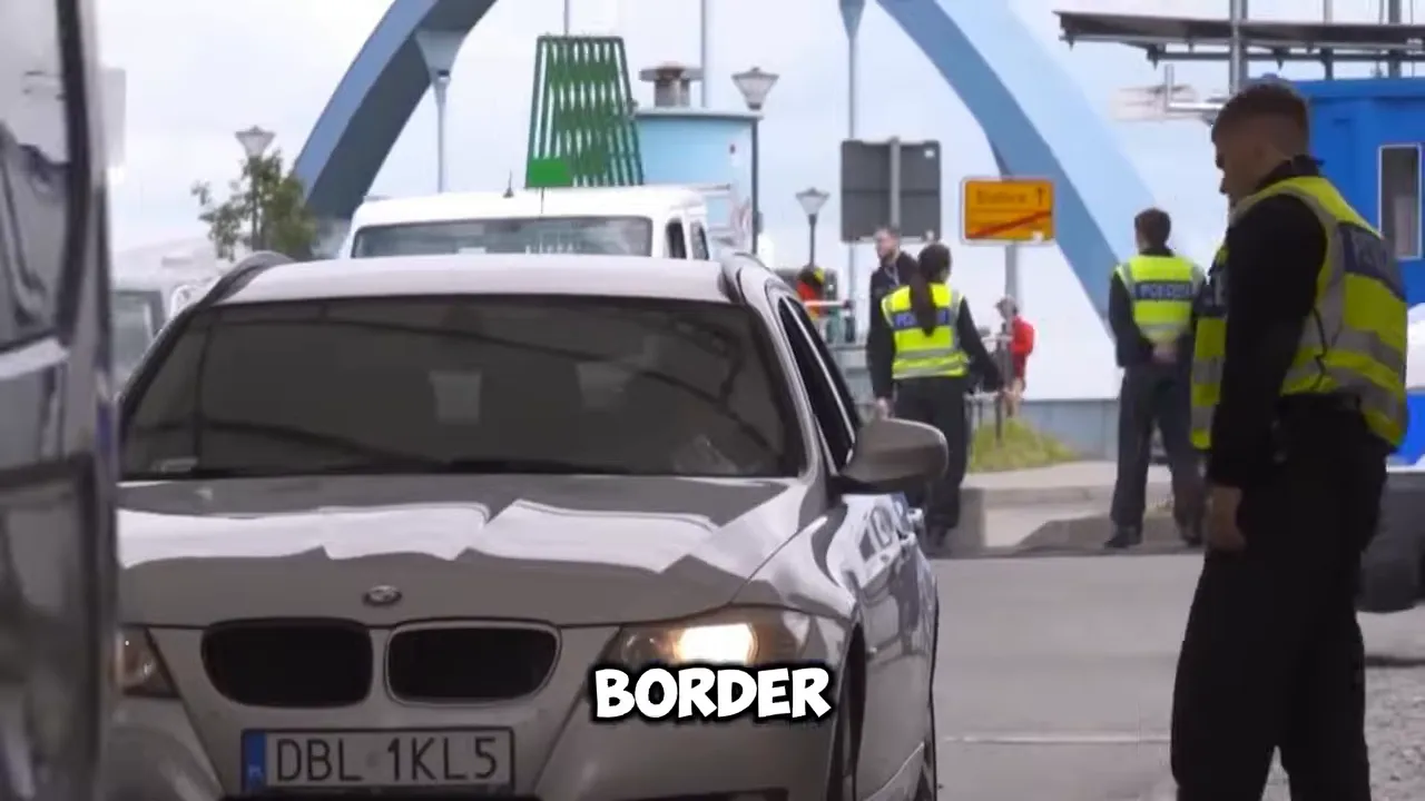 Police officer checking vehicles at a bridge border crossing