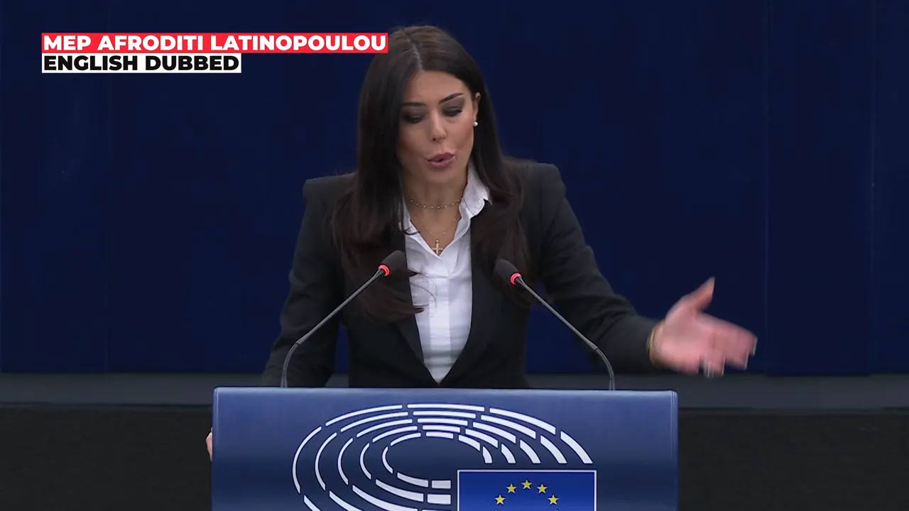 MEP gesturing while speaking at European Parliament podium with EU emblem