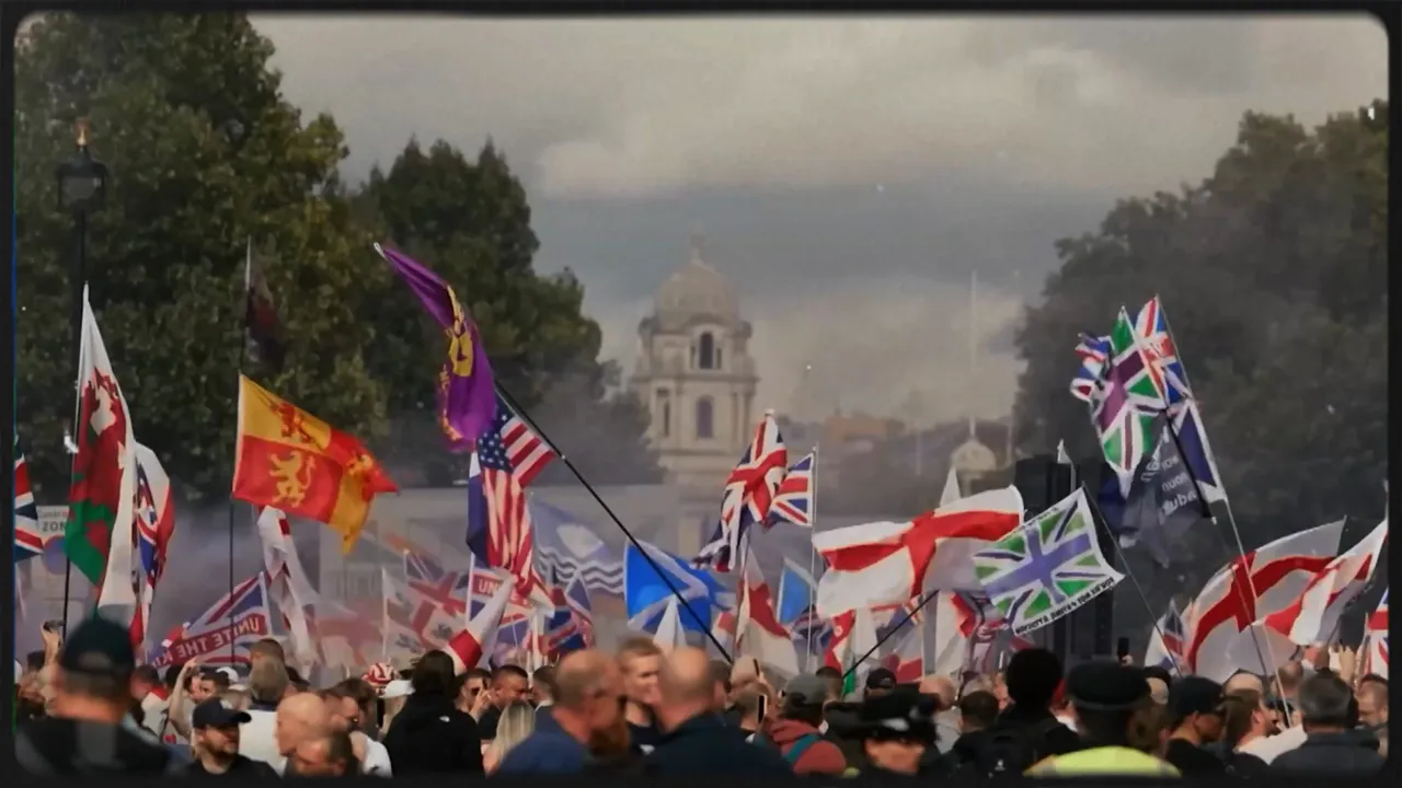 Large crowd at a public rally with many Union flags and regional banners