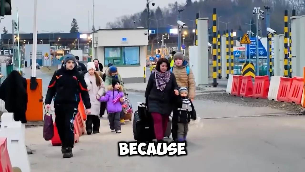 Families walking along a paved path near a checkpoint-like entrance with the word “BECAUSE” overlaid