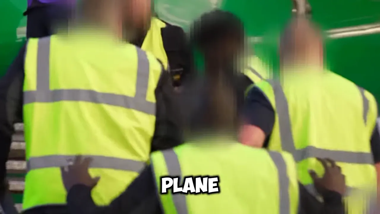 Blurred figures in high-visibility safety vests near a doorway during a public operation