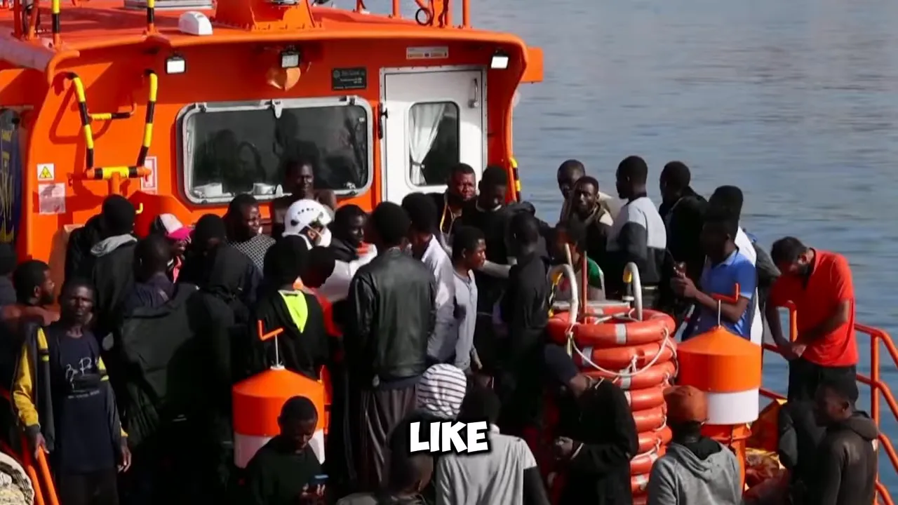 Crowd of people gathered near an orange lifeboat with rescue equipment