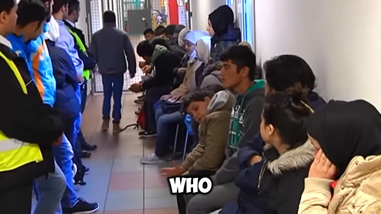 People seated in a corridor-like waiting area with security and staff nearby
