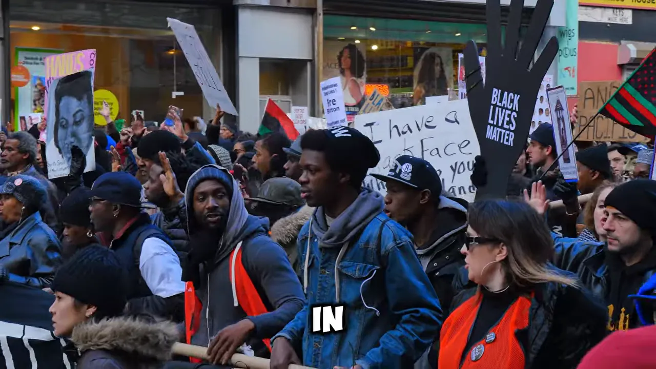 Street protest crowd with signs during a Black Lives Matter demonstration