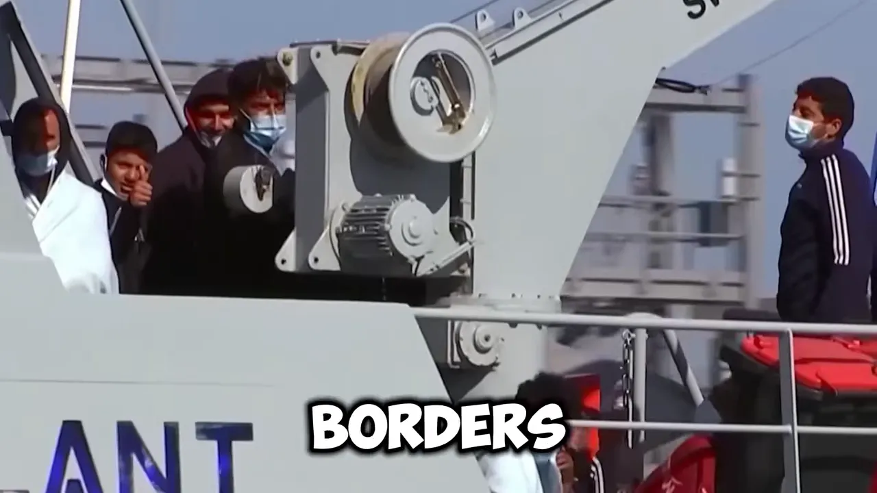 People on a boat at sea with border related text on screen