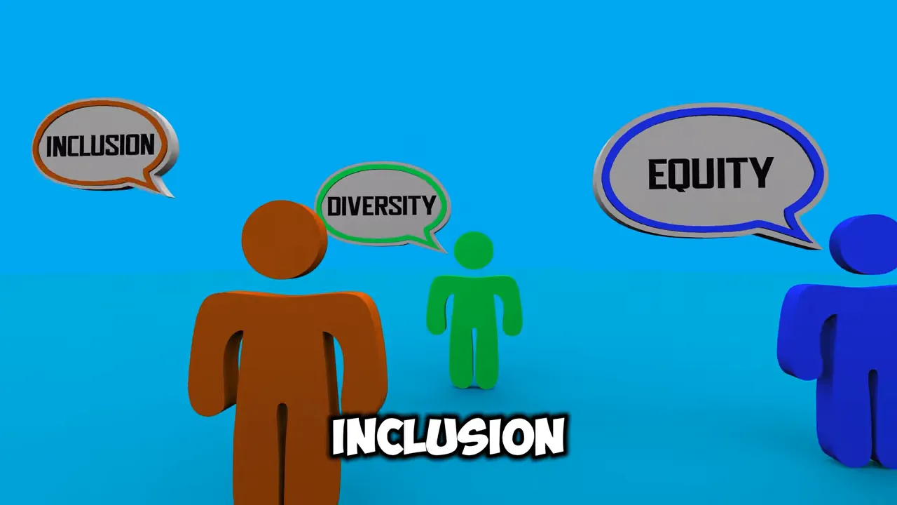 Illustration with speech bubbles labeled inclusion diversity and equity above colorful human figures