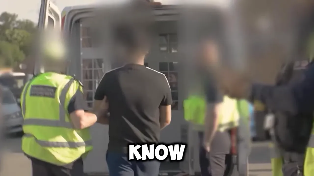 Officers in high visibility vests near a person being escorted