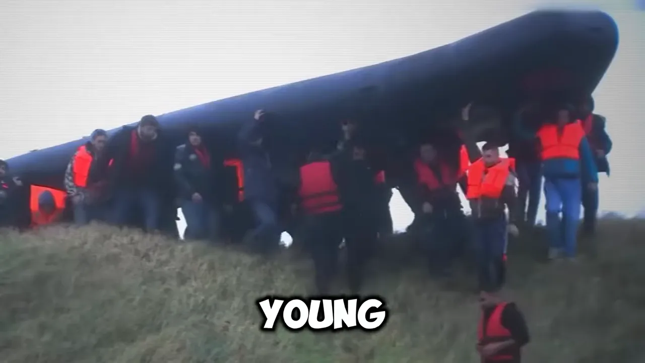 Large inflatable boat on a shoreline with many people gathered around it