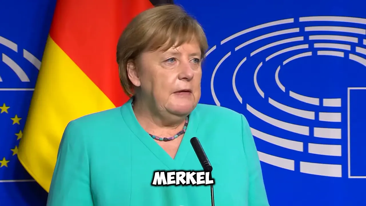 Angela Merkel speaking in front of European Parliament backdrop
