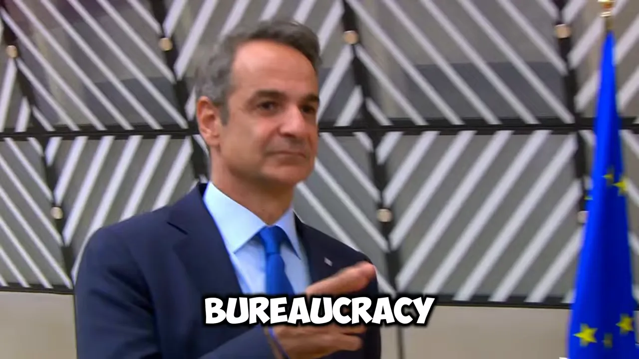 Kyriakos Mitsotakis standing before European Union flags in a formal setting