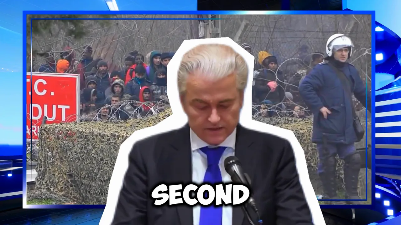 speaker at a podium overlaid on a scene of migrants behind barbed wire with police present, illustrating border and security context