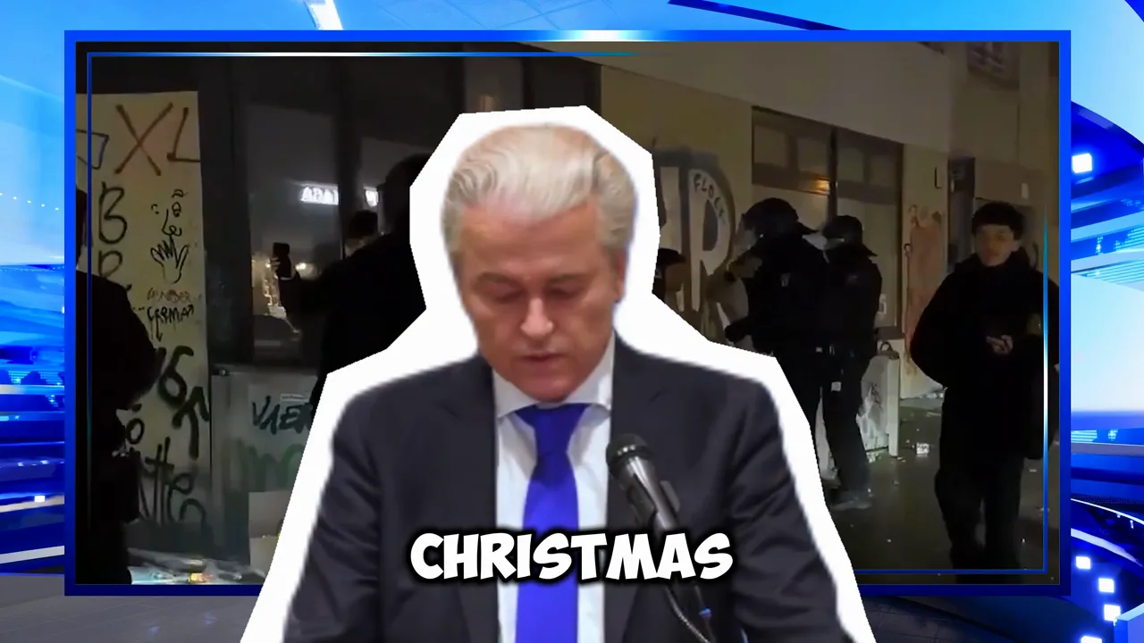 Speaker cutout in front of a nighttime street scene showing graffiti and police in riot gear, text overlay reads 'CHRISTMAS'.