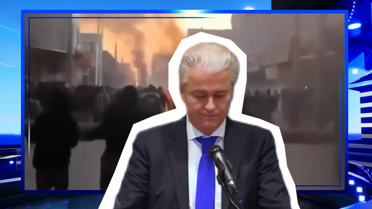 Speaker at podium with a smoky street scene and fire in the background