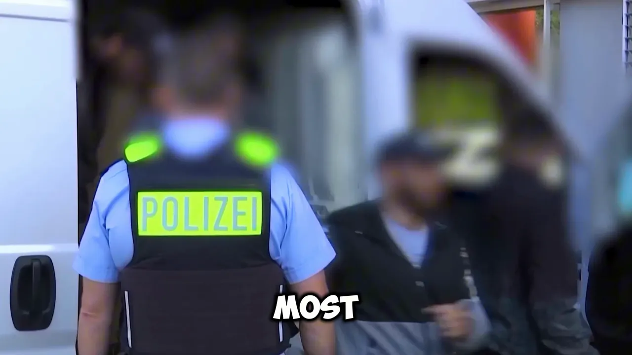 Officer wearing a 'POLIZEI' vest seen from behind near a van with blurred bystanders.