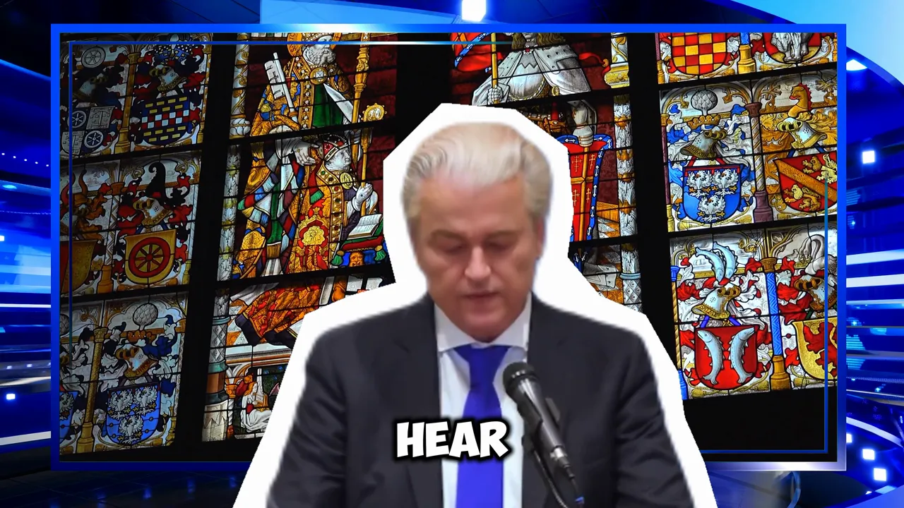 Speaker cutout against a detailed stained-glass church window background