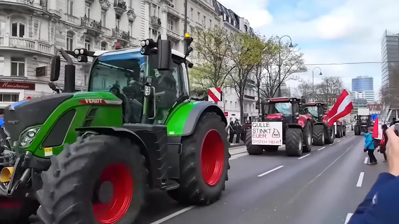 Green tractors driving through a European city during a protest with flags and banners.