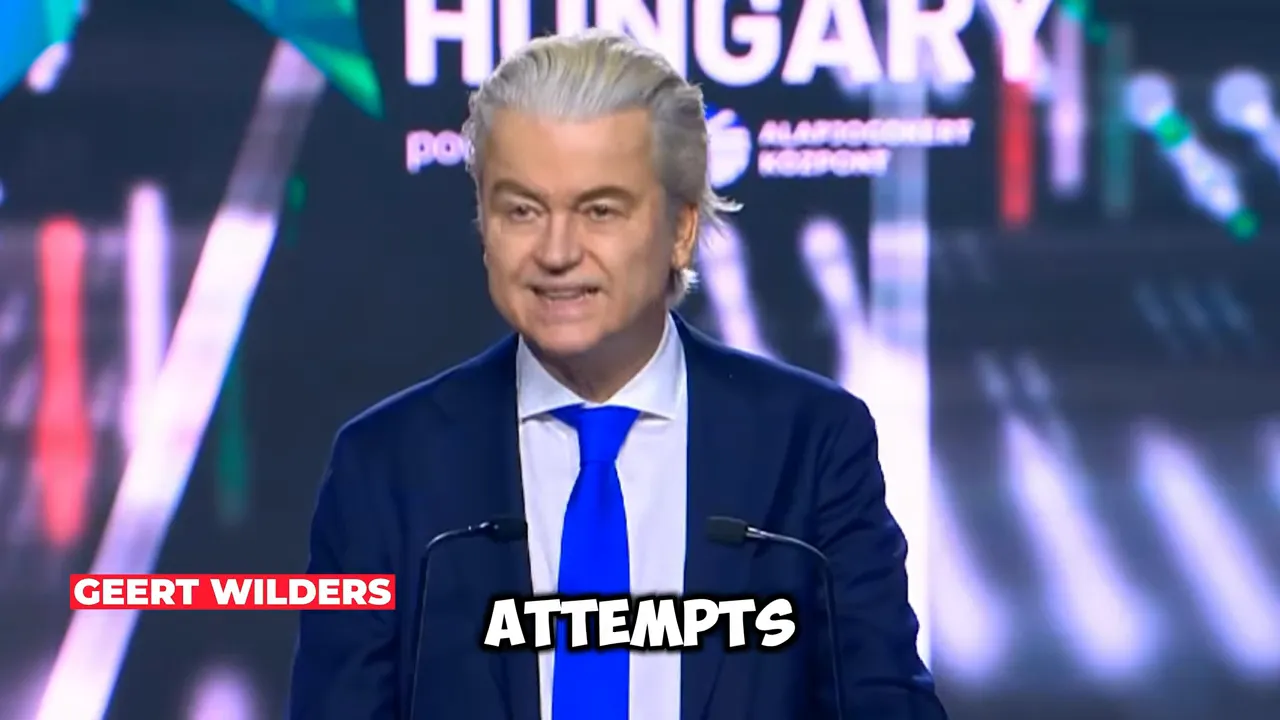 Geert Wilders speaking at a podium with the on-screen label “ATTEMPTS”