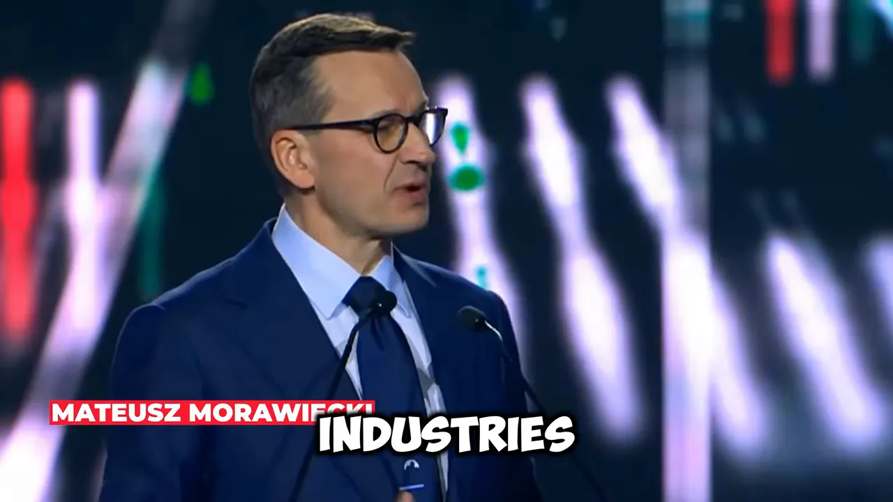 Mateusz Morawiecki speaking at a podium with “INDUSTRIES” overlay during a European politics segment