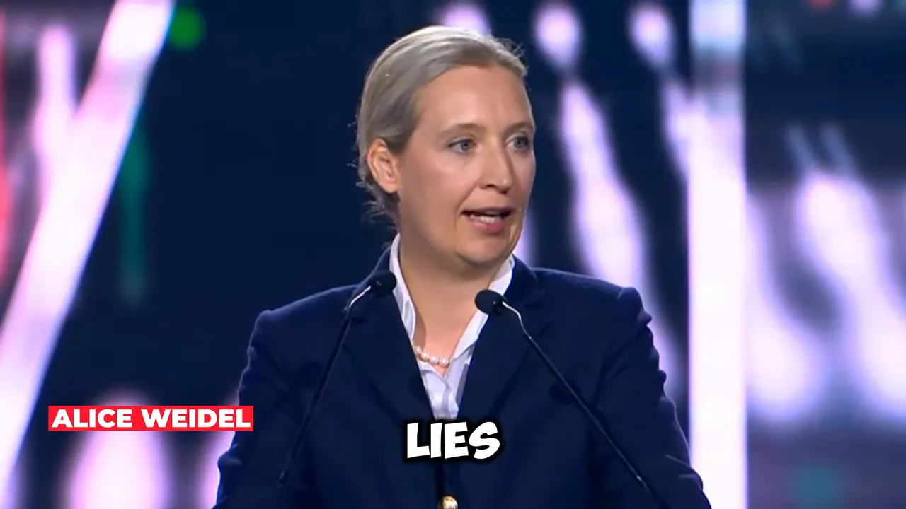 Alice Weidel speaking with the word “LIES” overlay