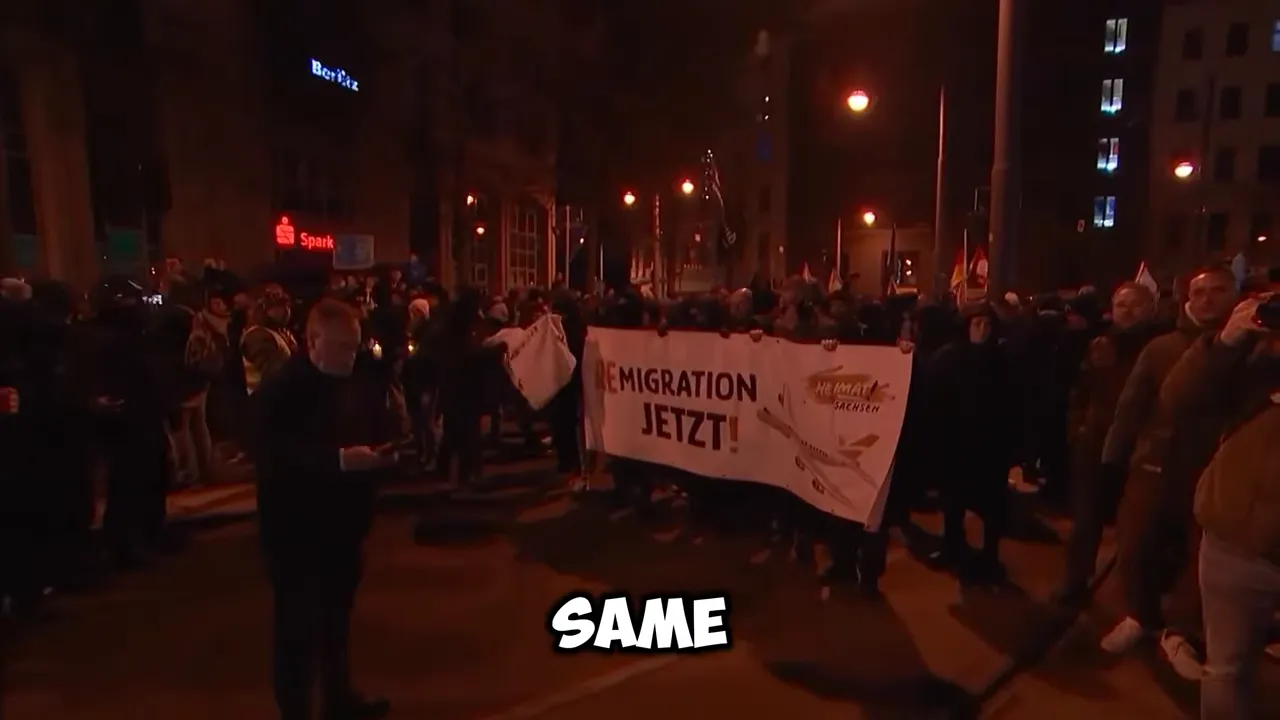 Crowd holding anti-immigration banners at night during a political protest with “SAME” text overlay