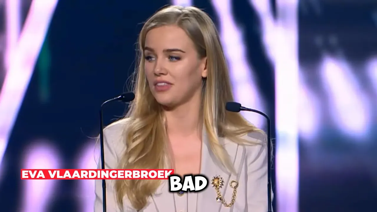 Eva Vlaardingerbroek speaking at a podium with on-screen text reading “BAD”