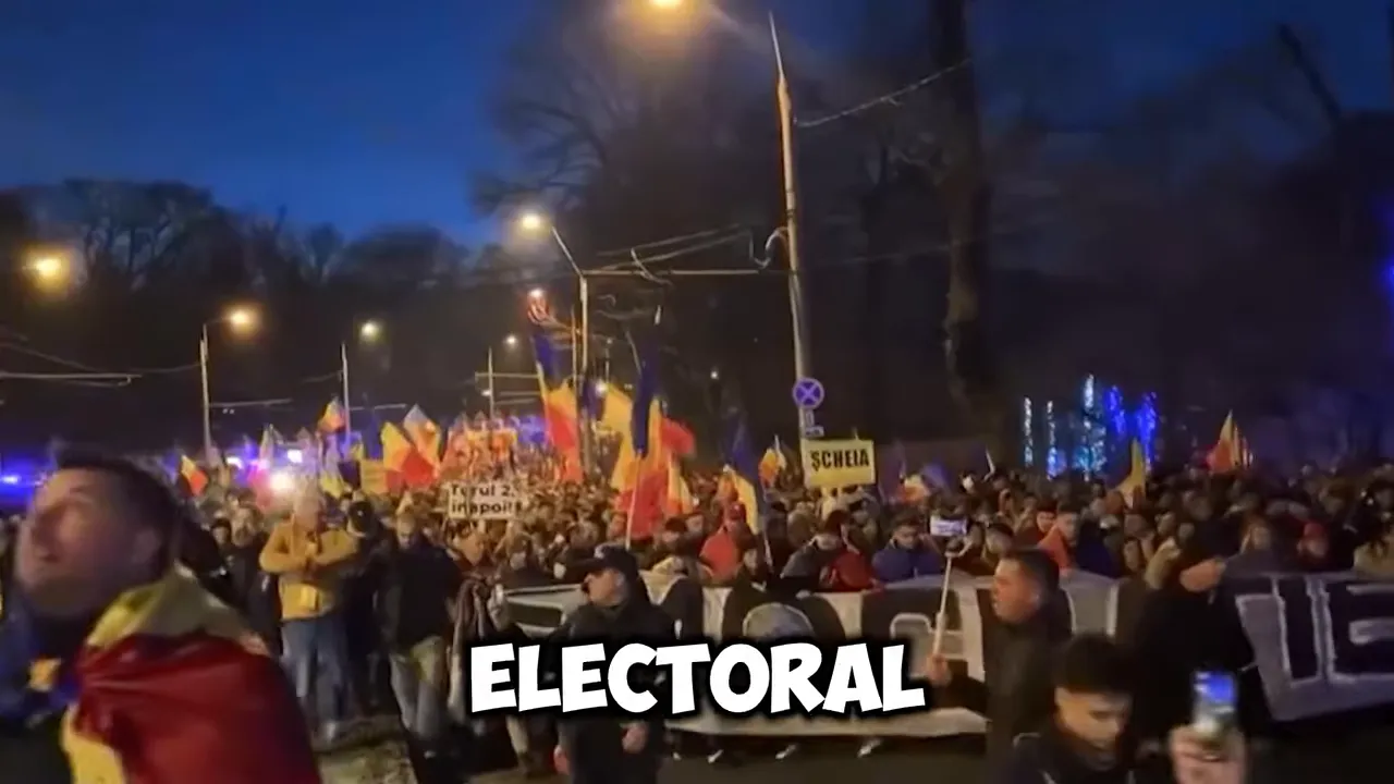 Crowd at a night rally with the on-screen text “ELECTORAL”