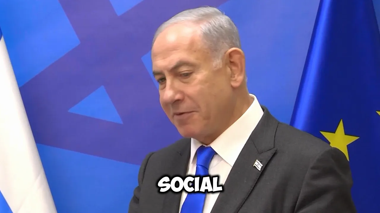 Man in a suit with blue flags in the background and a large white 'SOCIAL' text overlay