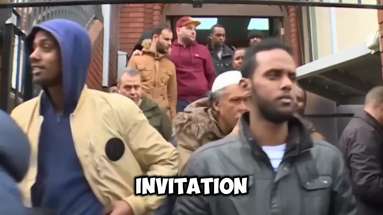 Group of men leaving a building with on-screen text 'INVITATION', illustrating public gathering and mobilization