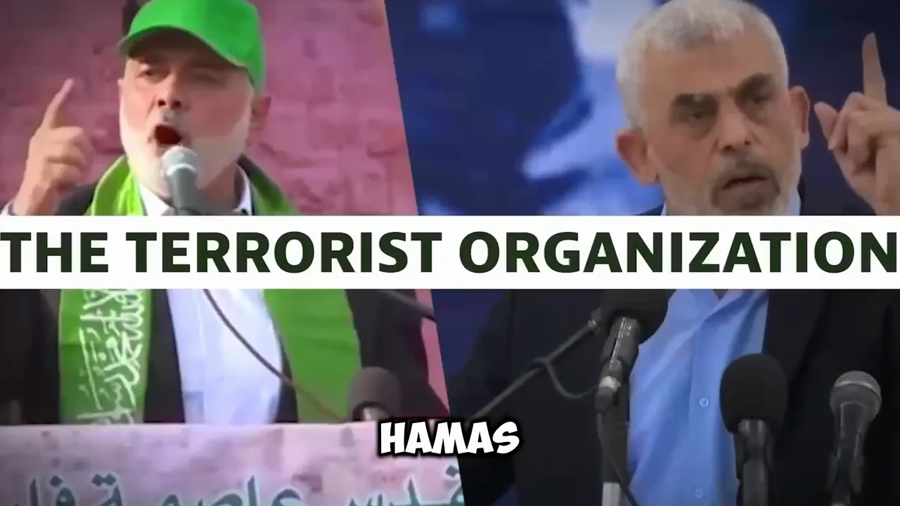 Split-screen of two speakers with bold on-screen text declaring a group a 'terrorist organization' and an overlaid label 'HAMAS'